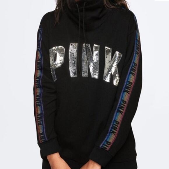 Victoria’s Secret PINK BLACK RAINBOW SIDE STRIPE BLING COWL NECK size S - Picture 1 of 8